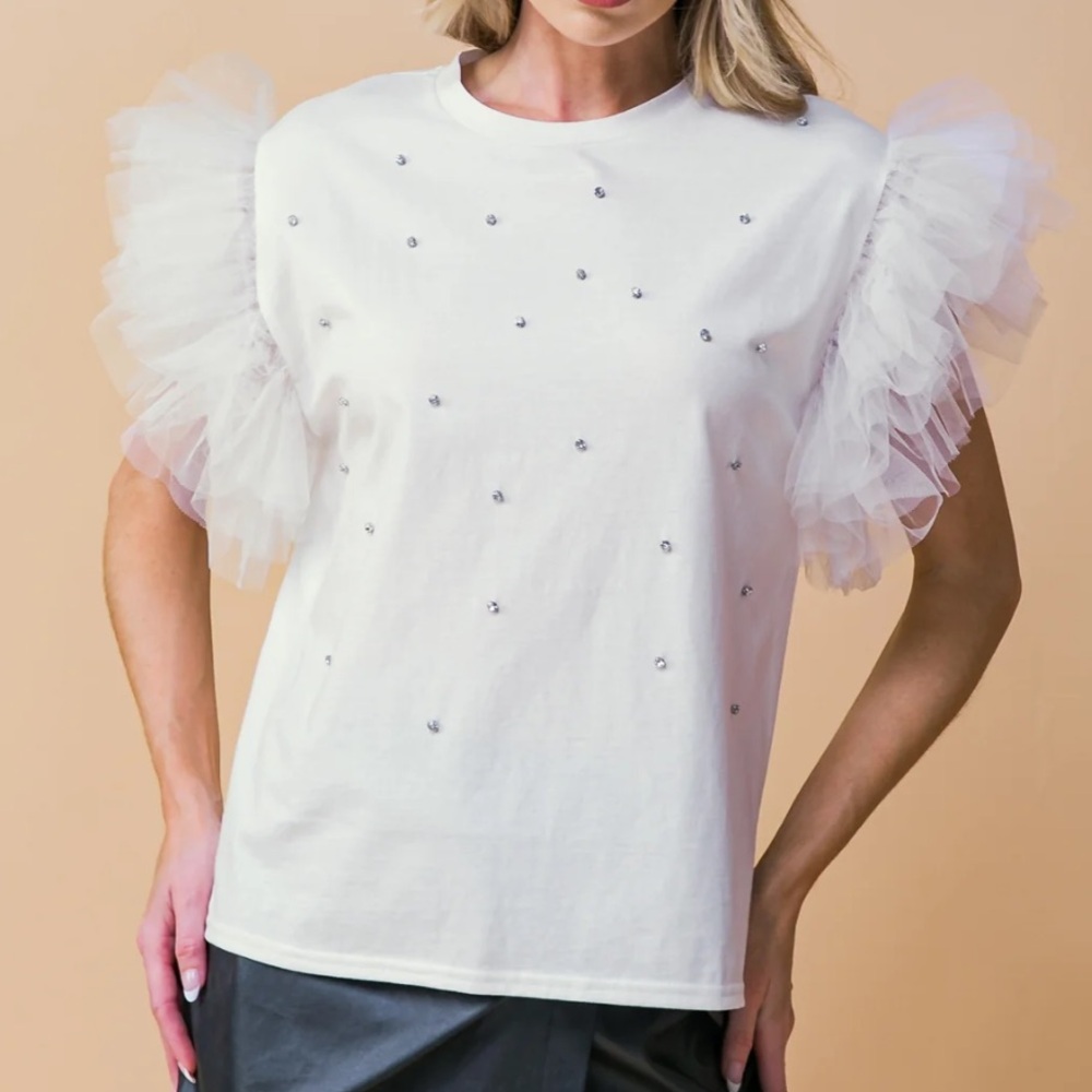 Flying Tomato White Ruffle Sleeve Embellished Tee